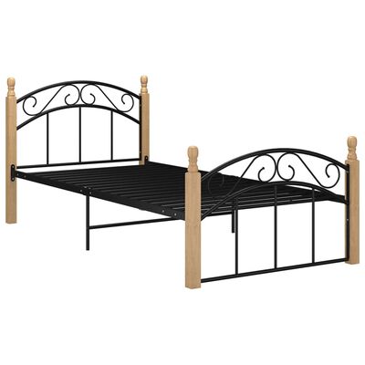 vidaXL Rama łóżka, czarny metal i lite drewno dębowe, 100x200 cm