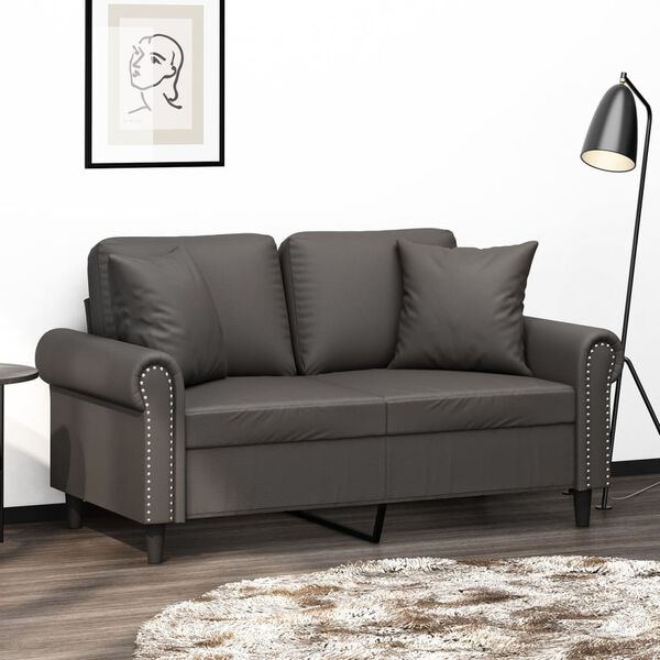 vidaXL 2-osobowa sofa z poduszkami, szara, 120 cm, sztuczna sk&oacute;ra