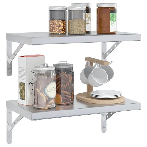 vidaXL P&oacute;łki ścienne, 2 szt., 50x30 cm, srebrna stal nierdzewna