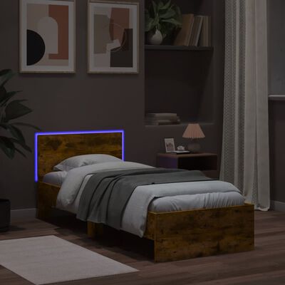 vidaXL Rama łóżka z wezgłowiem i LED, przydymiony dąb, 75x190 cm