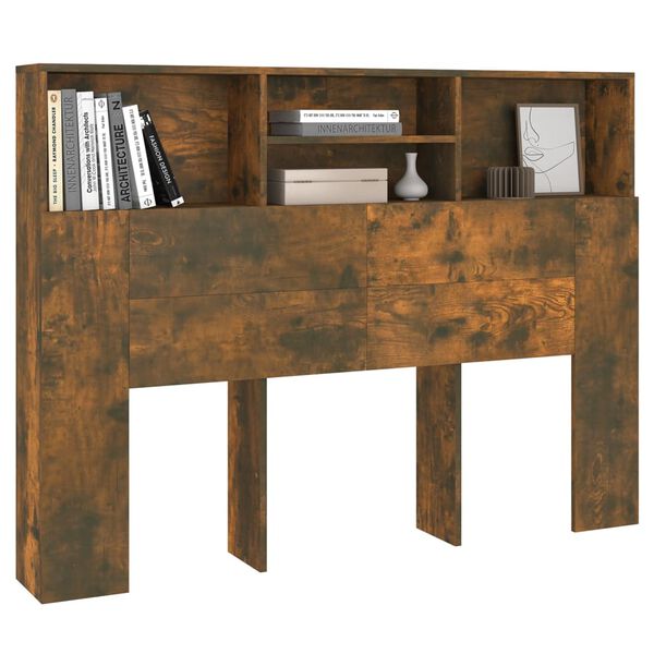 vidaXL Wezgłowie łóżka z półkami, przydymiony dąb, 140x19x103,5 cm