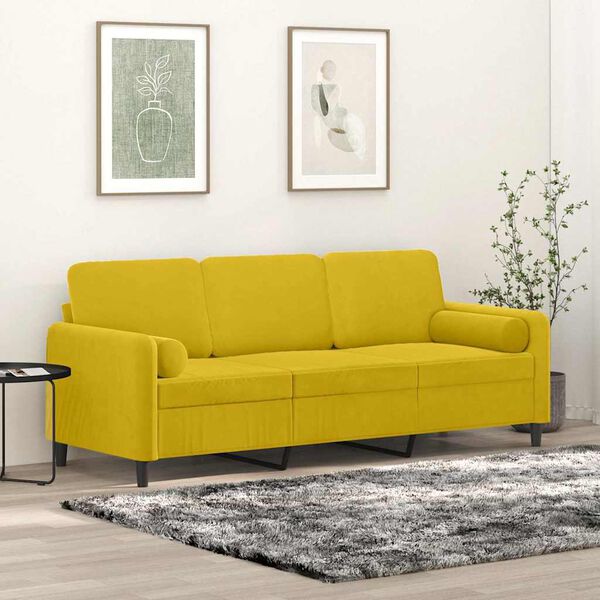 vidaXL 3-osobowa sofa z poduszkami, ż&oacute;łta, 180 cm, aksamit