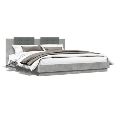 vidaXL Rama łóżka z wezgłowiem i LED, szarość betonu, 160x200 cm