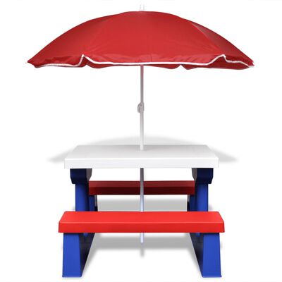 vidaXL Stół dla dzieci z ławkami i parasolem, wielokolorowy
