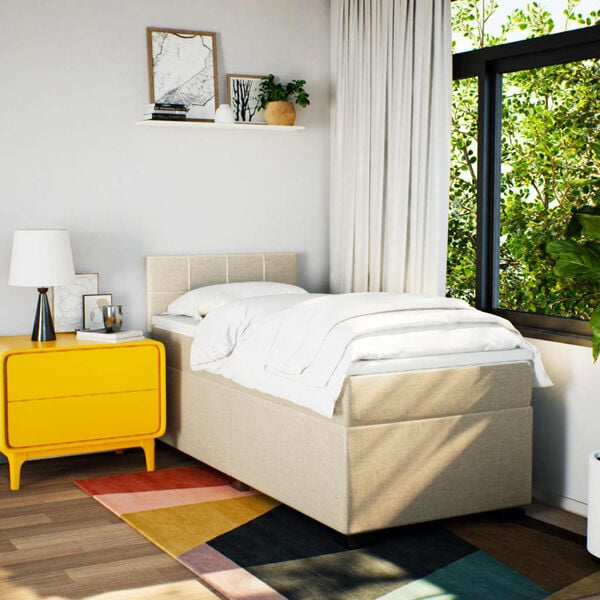 vidaXL Ł&oacute;żko kontynentalne z materacem, kremowe, tkanina, 90x200 cm