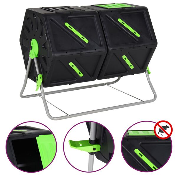 vidaXL Obrotowy kompostownik dwukomorowy, 88x60x74 cm, 210 L, PP
