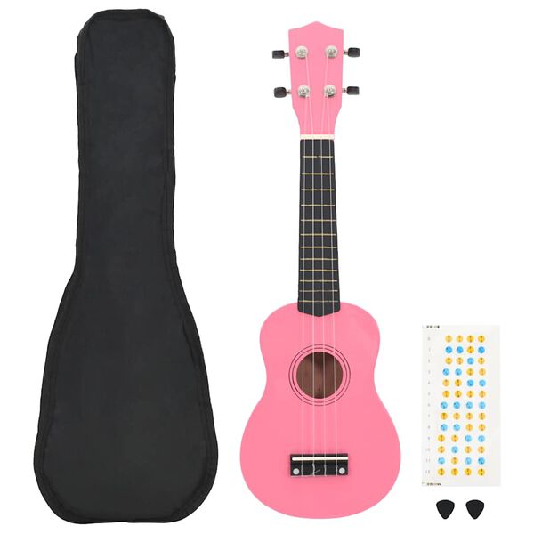 vidaXL Ukulele sopranowe z pokrowcem, dla dzieci, różowe, 21"
