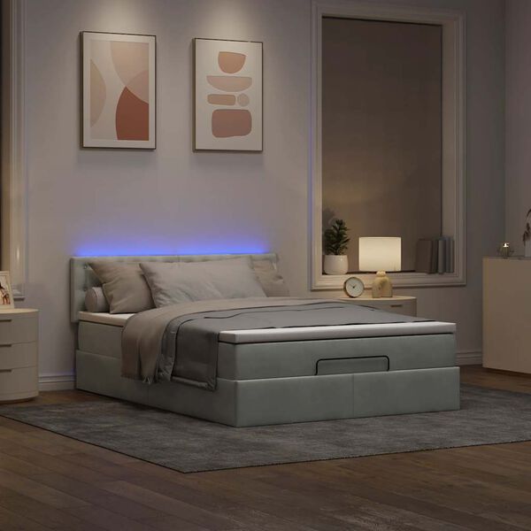 vidaXL Rama ł&oacute;żka otomana z materacem, jasnoszara, 140x190 cm, aksamit