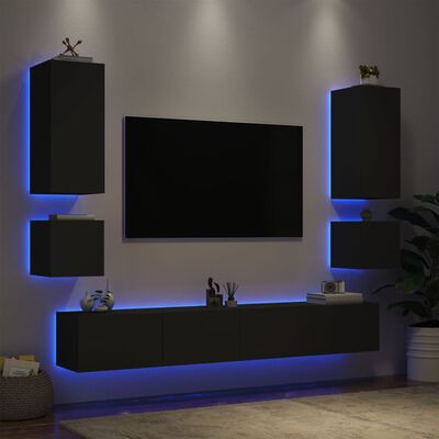 vidaXL 6-cz. zestaw ściennych mebli TV z oświetleniem LED, czarny
