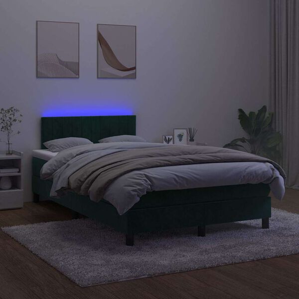 vidaXL Ł&oacute;żko kontynentalne z materacem i LED, ciemna zieleń, 120x190cm