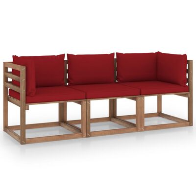 vidaXL Ogrodowa sofa 3-os. z palet, z czerwonymi poduszkami, sosna