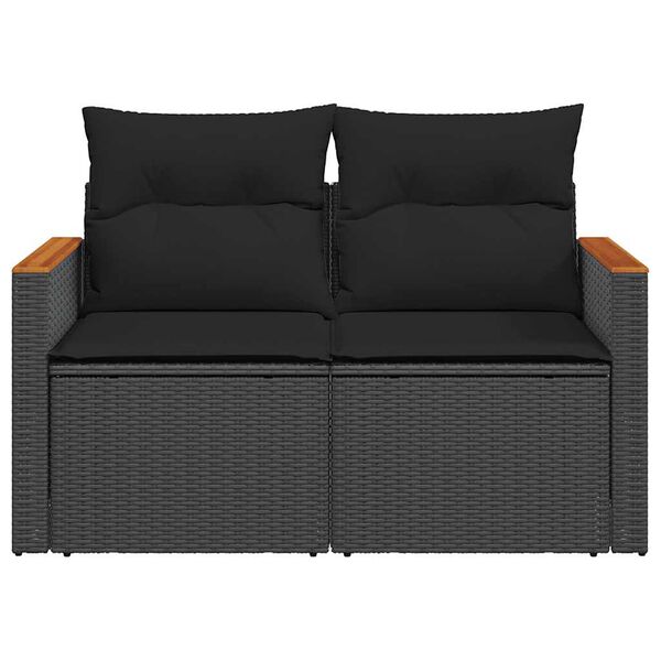 vidaXL Sofa ogrodowa z poduszkami, 2-osobowa, czarna, polirattan