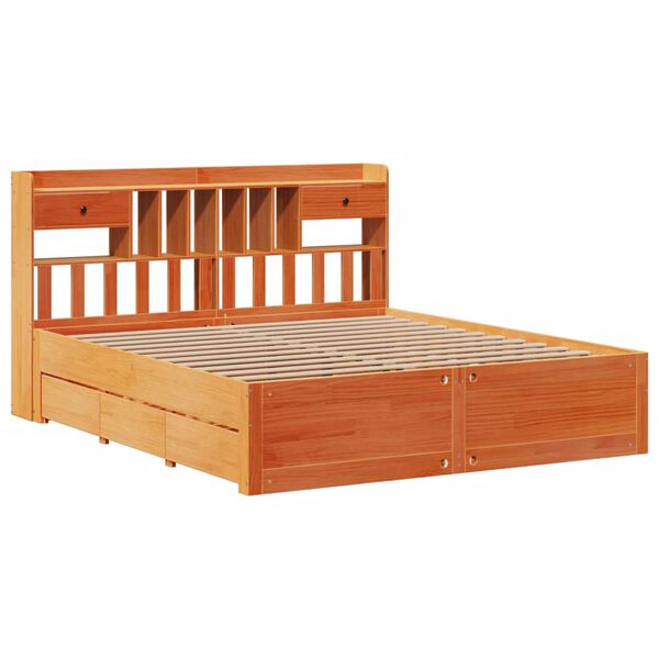 vidaXL Ł&oacute;żko z regałem, bez materaca, woskowy brąz, 200x200cm, sosnowe