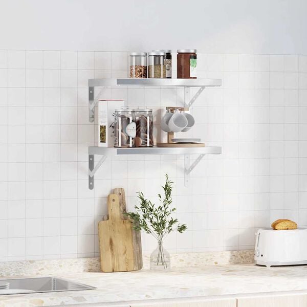 vidaXL P&oacute;łki ścienne, 2 szt., 50x30 cm, srebrna stal nierdzewna