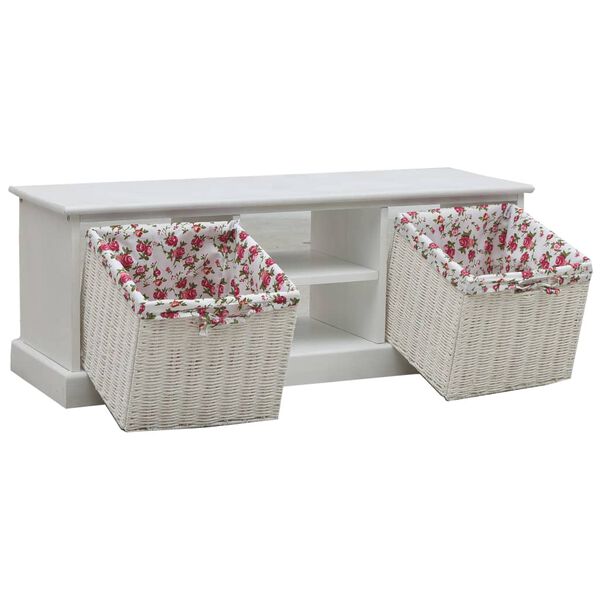 vidaXL Szafka pod TV z dwoma koszykami, biała, drewniana