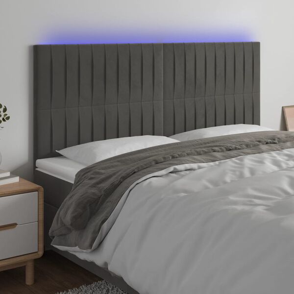 vidaXL Zagł&oacute;wek do ł&oacute;żka z LED, ciemnoszary, 160x5x118/128 cm, aksamit