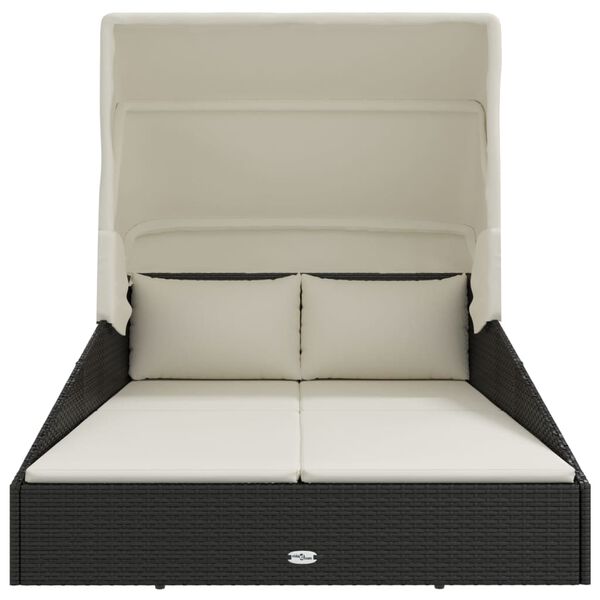 vidaXL Leżak ze składanym dachem, czarny, 200x114x128 cm, polirattan