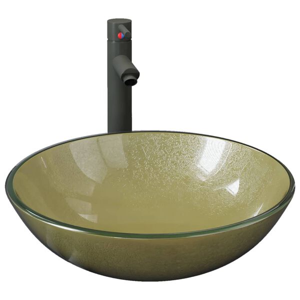 vidaXL Umywalka łazienkowa z kranem i korkiem, złota, szkło hartowane