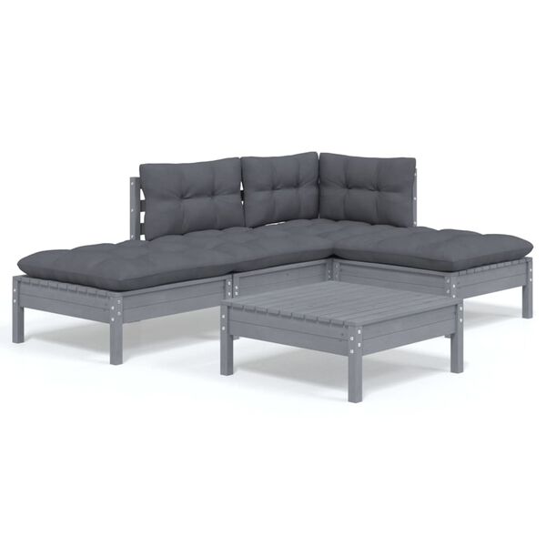 vidaXL 5-cz. zestaw wypoczynkowy do ogrodu, szare poduszki, sosnowy