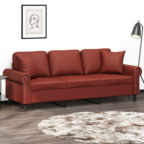 vidaXL 3-osobowa sofa z poduszkami, bordowa, 180 cm, sztuczna sk&oacute;ra