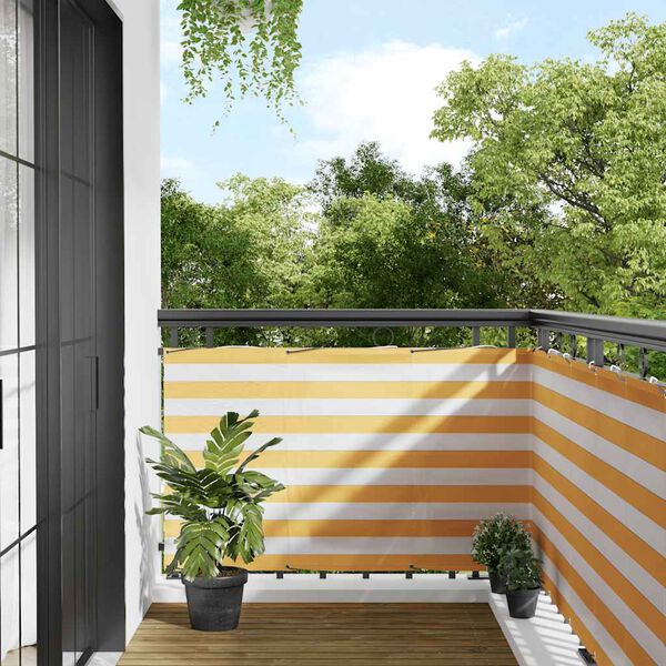 vidaXL Parawan balkonowy w ż&oacute;łte i białe paski 90x800 cm