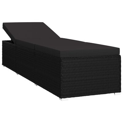 vidaXL Leżak z poduszką i stolikiem, polirattan, czarny
