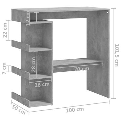 vidaXL Stolik barowy z półkami, szarość betonu, 100x50x101,5 cm, płyta