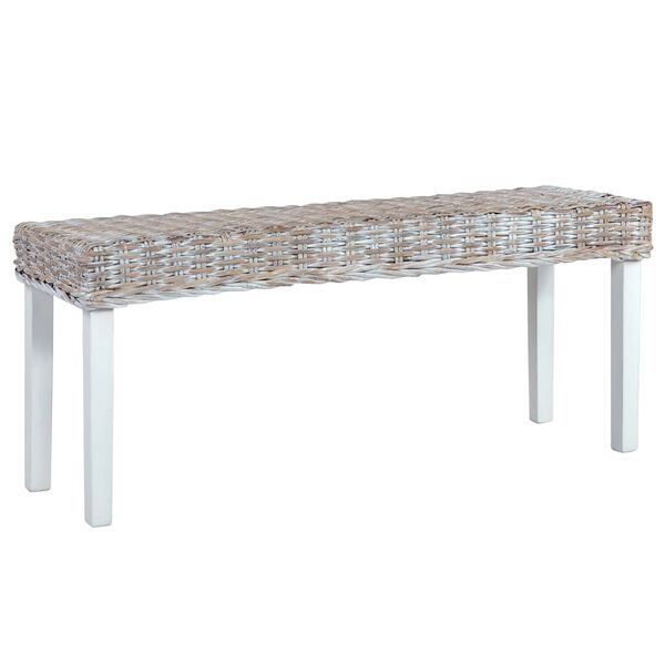 vidaXL Ławka, 110 cm, biała, rattan kubu i lite drewno mahoniowe