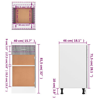 vidaXL Dolna szafka z szufladą, szary dąb sonoma, 40x46x81,5 cm