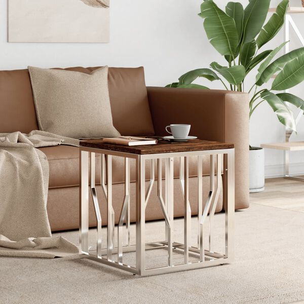 vidaXL Stolik kawowy, srebrny, stal nierdzewna i lite drewno z odzysku