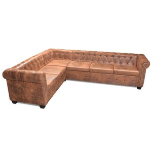 vidaXL Sofa rogowa Chesterfield sześcioosobowa brązowa, sztuczna sk&oacute;ra