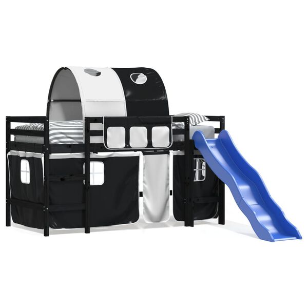 vidaXL Dziecięce ł&oacute;żko na antresoli, z tunelem, biało-czarne, 90x200cm