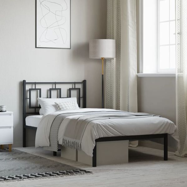 vidaXL Metalowa rama łóżka z wezgłowiem, czarna, 90x200 cm