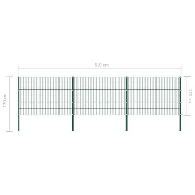 vidaXL Panel ogrodzeniowy ze słupkami, żelazny, 5,1 x 1,2 m, zielony