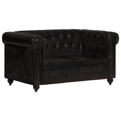 vidaXL 2-osobowa sofa Chesterfield, czarna, skóra naturalna