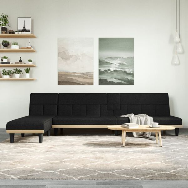 vidaXL Sofa rozkładana w kształcie L, czarna, 255x140x70 cm, tkanina