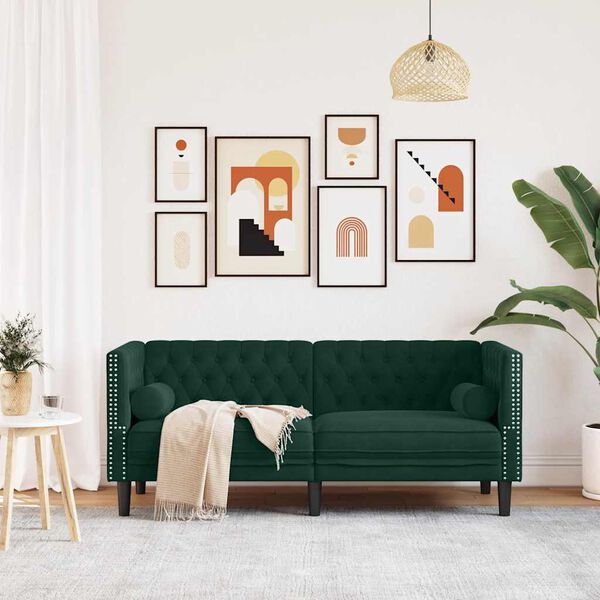 vidaXL Sofa Chesterfield z wałkami, dwuosobowa, ciemnozielona, aksamit