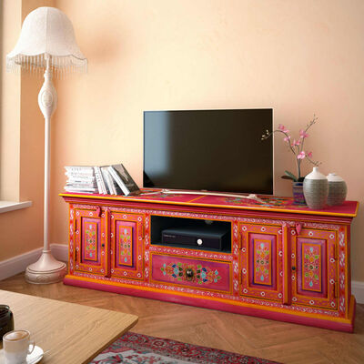 vidaXL Szafka pod telewizor, drewno mango, różowa, ręcznie malowana