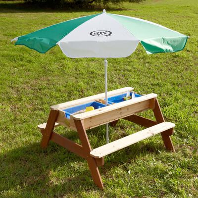 AXI Drewniany stolik piknikowy z parasolką + piaskownica piasek/woda