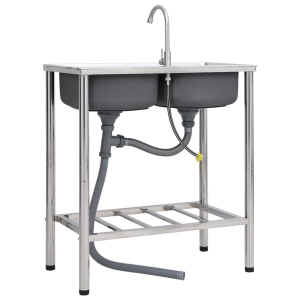 vidaXL Zlewozmywak kempingowy, dwukomorowy, z kranem, stal nierdzewna