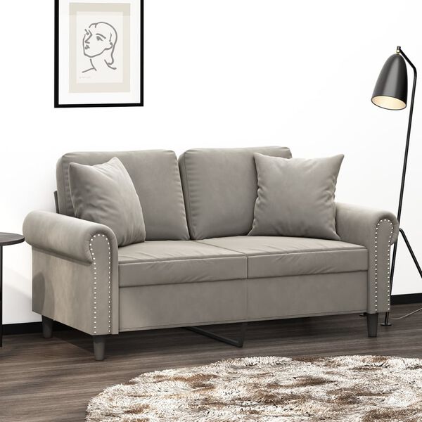vidaXL 2-osobowa sofa z poduszkami, jasnoszara, 120 cm, aksamit