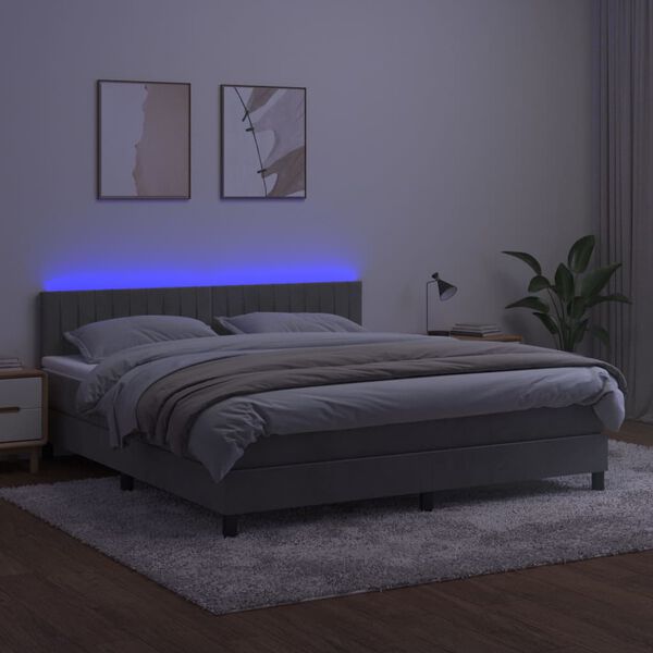 vidaXL Ł&oacute;żko kontynentalne z materacem i LED, szare 180x200cm, aksamit