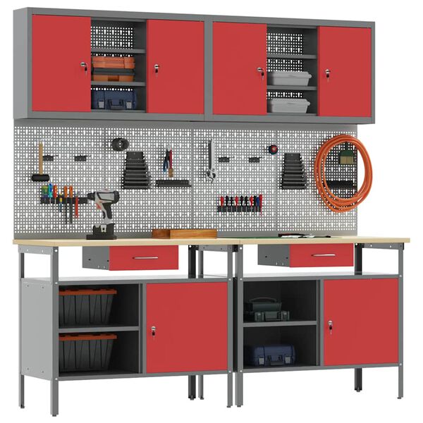 vidaXL Zestaw stołu warsztatowego 8 pcs Czerwony 200 x 55 x 200 cm