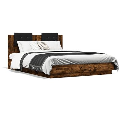 vidaXL Rama łóżka z wezgłowiem i LED, przydymiony dąb, 150x200 cm