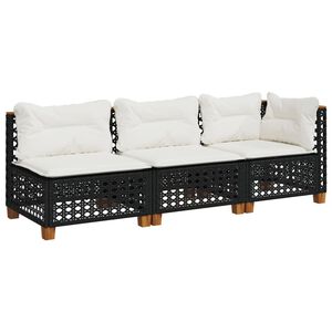 vidaXL Sofa ogrodowa z poduszkami, 3-osobowa, czarna, polirattan