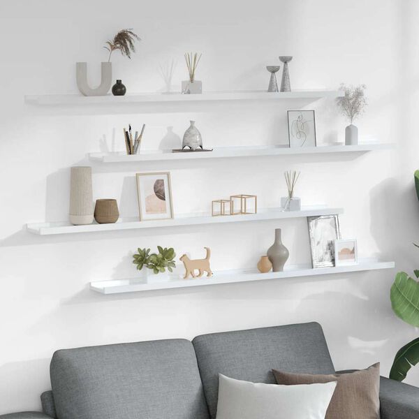 vidaXL P&oacute;łki ścienne, 4 szt., wysoki połysk, białe, 115x9x3 cm