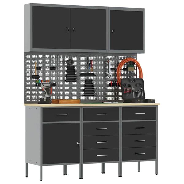 vidaXL St&oacute;ł warsztatowy z szufladą 8 pcs Czarny 150 x 55 x 200 cm Stal