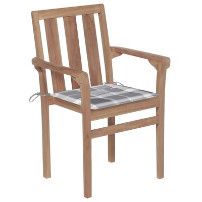 vidaXL Krzesła ogrodowe, 2 szt., z poduszkami w szarą kratę, tekowe