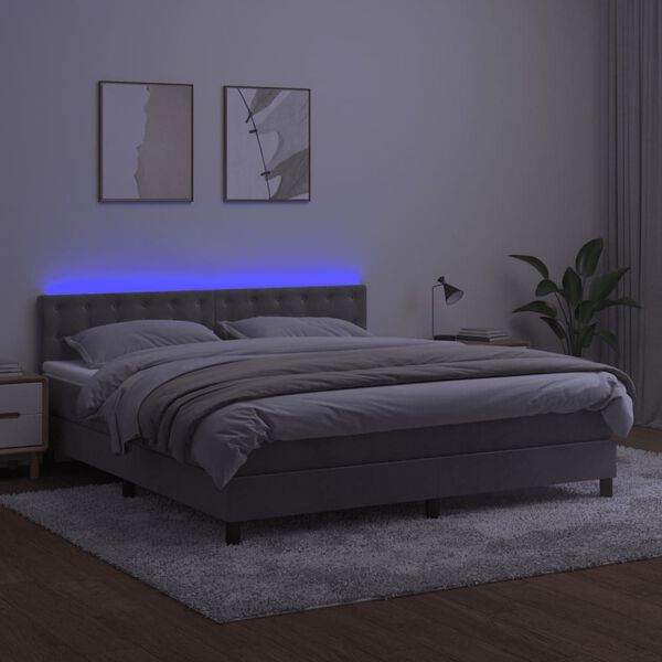vidaXL Ł&oacute;żko kontynentalne z materacem i LED, szare 180x200cm, aksamit