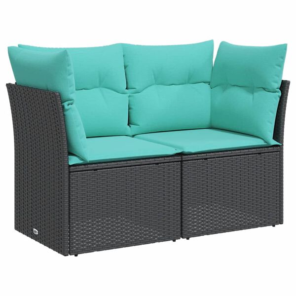 vidaXL Sofa ogrodowa z poduszkami, 2-osobowa, czarna, polirattan